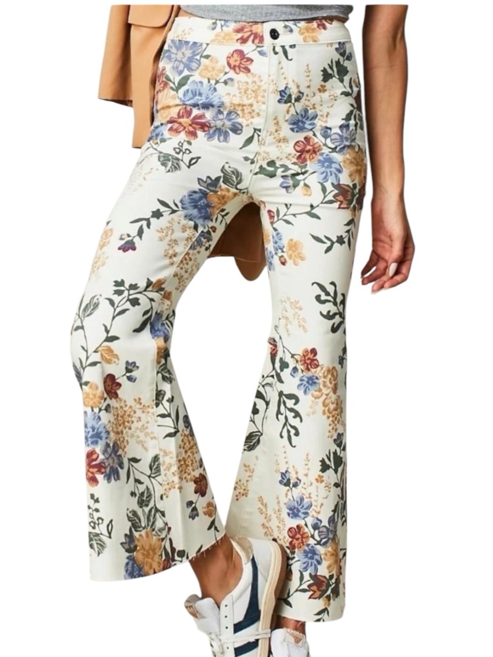 Free People Youthquake Printed Crop Flare Jeans Women 28 Ivory Floral Excellent